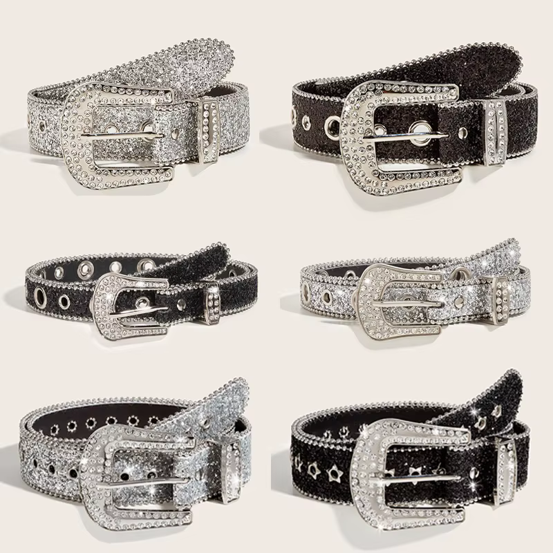Ceinture gothique noire argentée avec boucle en métal et strass, design de luxe quatre saisons Y2K pour femmes et hommes, grande taille