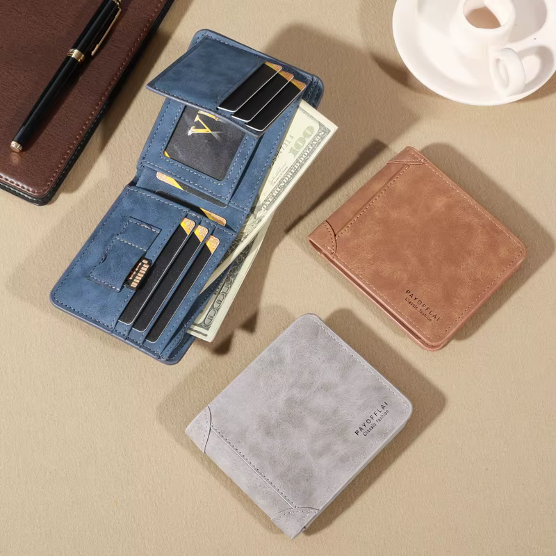 Portefeuille vintage en cuir mat pour hommes – Café à trois volets avec fentes multi-cartes