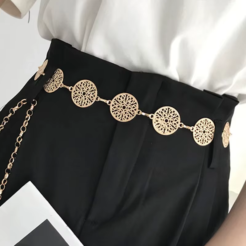 Ceinture ronde en métal pour femmes, élégante, rétro, or, argent, sculpté, chaîne ajourée, longues, robe à la mode, ceinture décorative pour dames