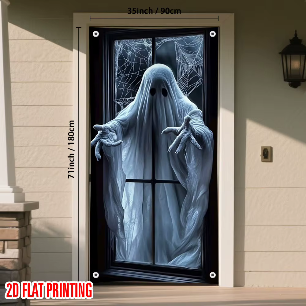 1 bannière de porte d'Halloween 2D - motif fantôme noir et blanc, matériau polyester durable, pour décoration festive
