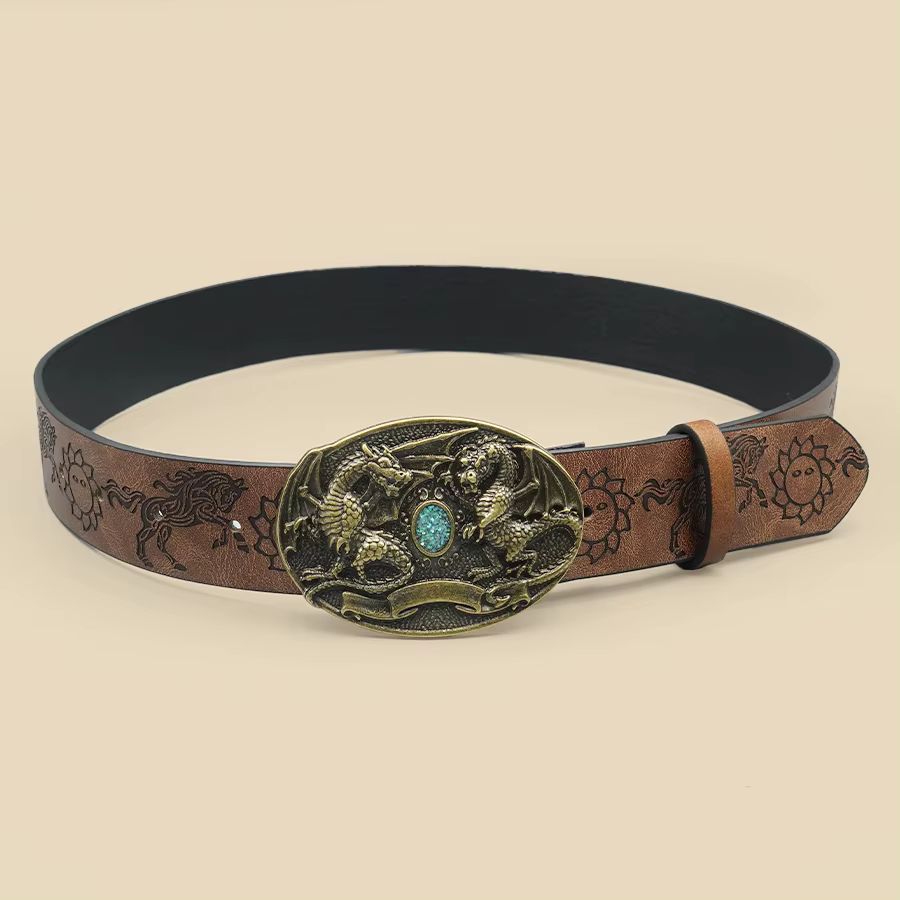 Ceinture décontractée marron de style européen avec motif de dragon rétro sculpté et boucle incrustée de pierres