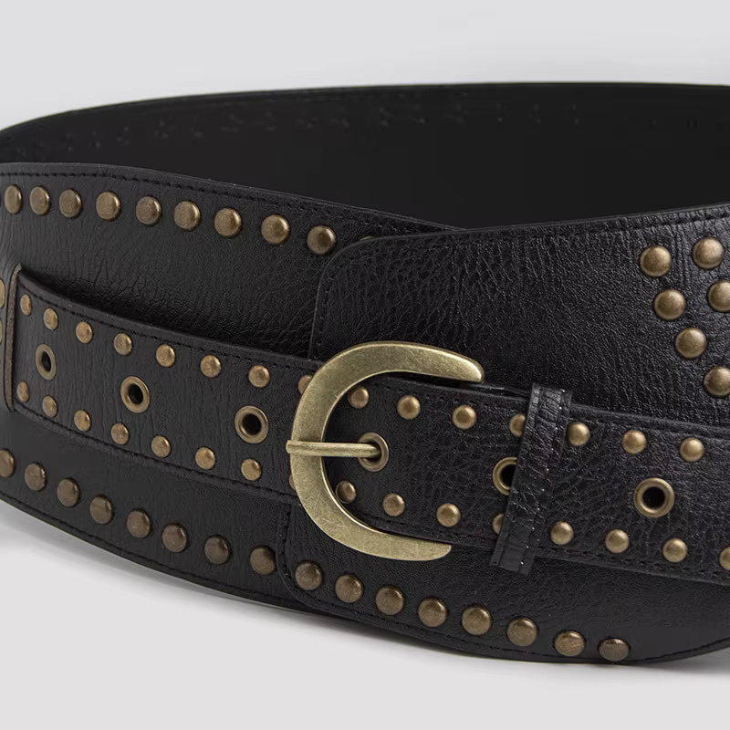 Ceinture large pour femme avec rivets rétro haut de gamme en bronze dans un style Wasteland