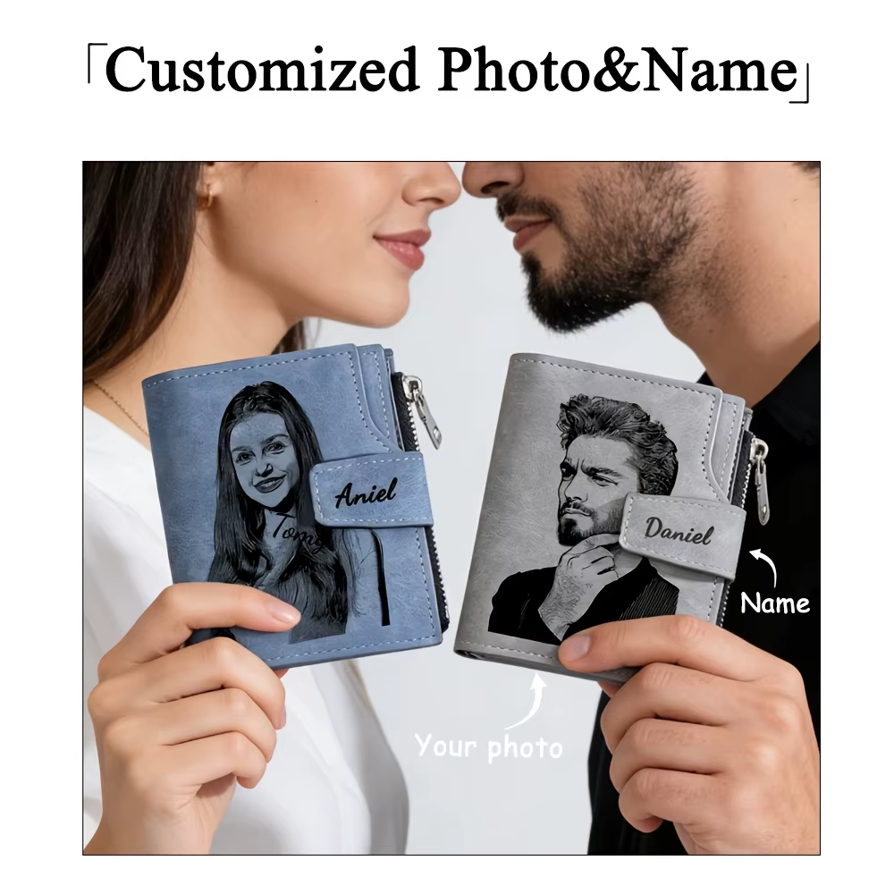 Portefeuille court personnalisé avec photo et nom pour homme