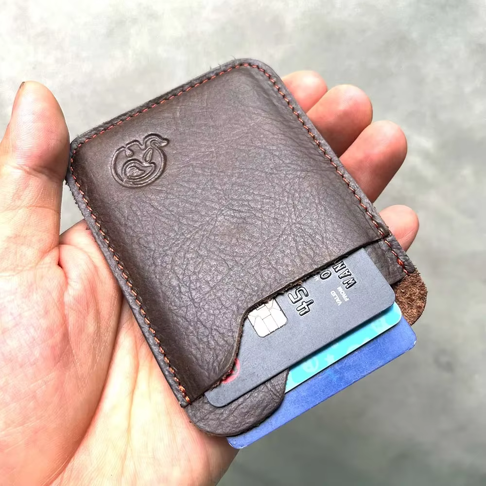 Porte-Cartes en Cuir Véritable pour Homme - Portefeuille Minimaliste Fin (9.8x7cm) avec 2 Fentes - Étui Compact pour Cartes