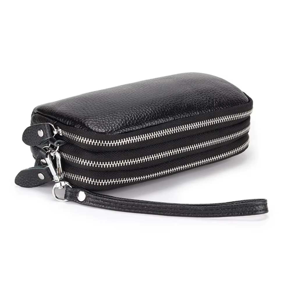 Femmes Long portefeuille en cuir véritable 3 couches fermeture éclair sac à main grande capacité bracelet pochette