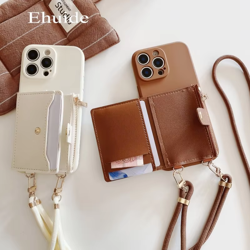 Étui portefeuille avec sangle pour iPhone 17 Pro Max, 17 Air, 17 Pro, 17P, avec fentes pour cartes, cordon bandoulière, en cuir PU et silicone