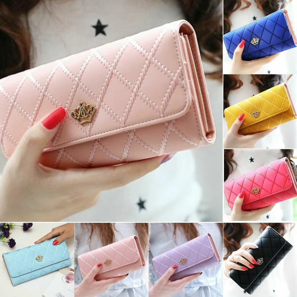 Portefeuilles longs noirs pour femmes en cuir PU, motif diamant, porte-cartes, boucle couronne, sac de téléphone pour dames, pochette de mode
