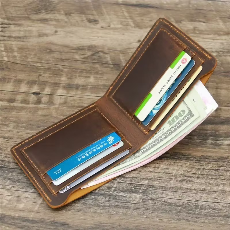 Portefeuille en cuir Crazy Horse pour hommes, portefeuille en cuir véritable, sac à cartes, Style rétro européen et américain Simple, porte-monnaie pour hommes