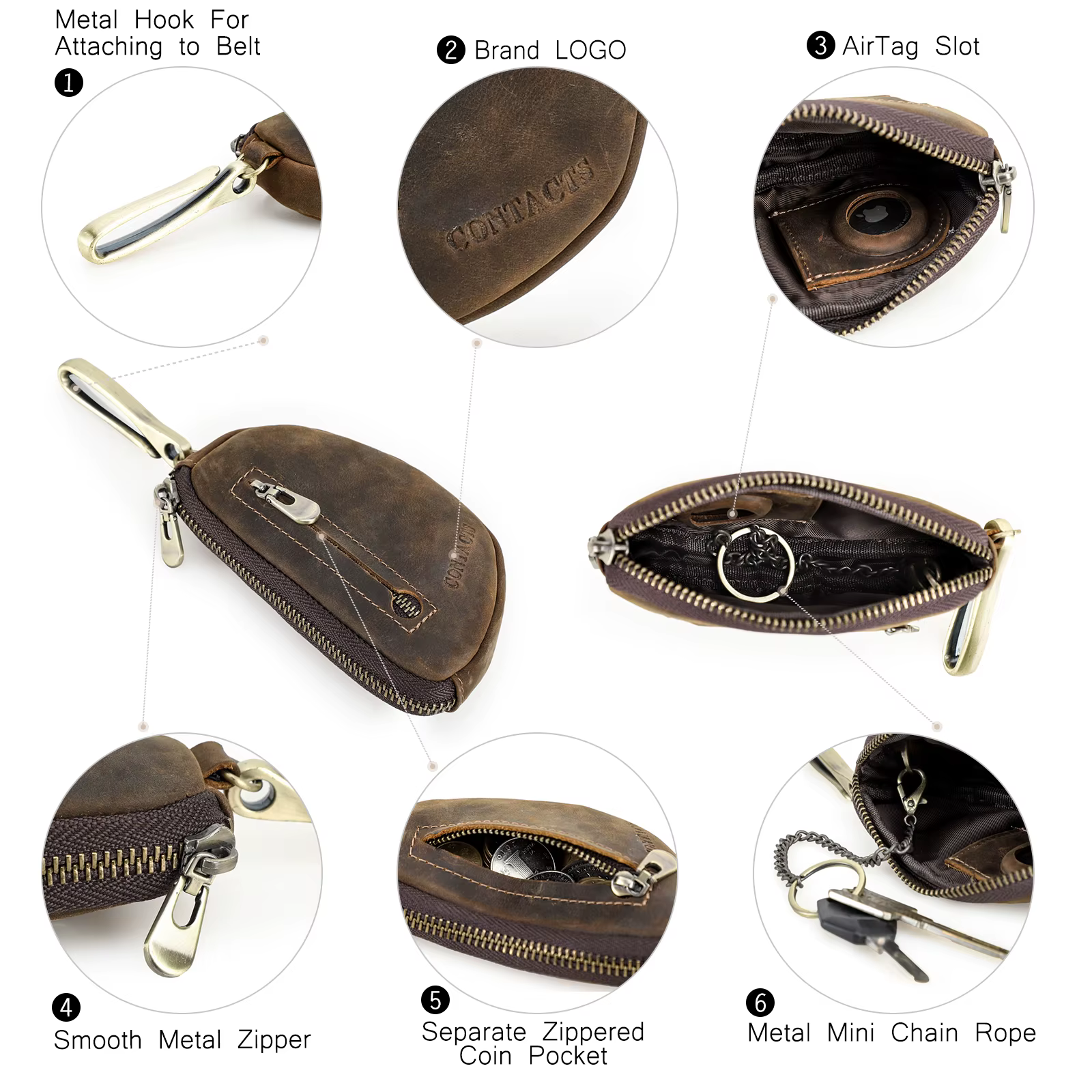 Porte-clés rétro en cuir véritable avec étui AirTag anti-perte, porte-clés zippé pour homme, organisateur de clés pour homme