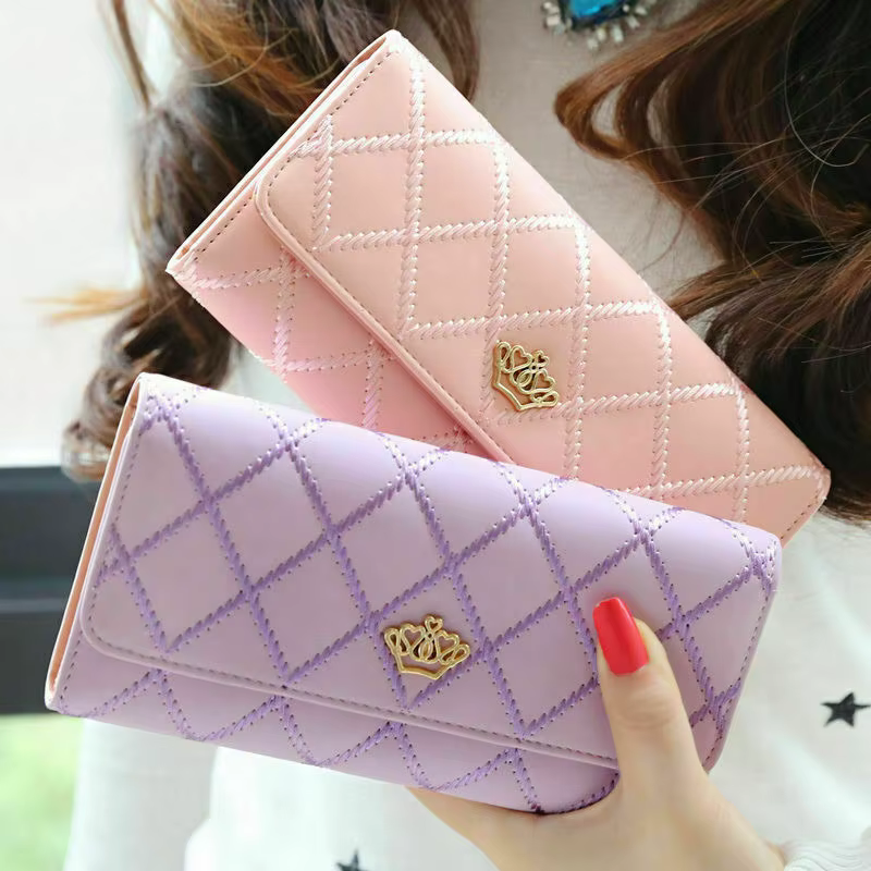 Portefeuilles longs noirs pour femmes en cuir PU, motif diamant, porte-cartes, boucle couronne, sac de téléphone pour dames, pochette de mode
