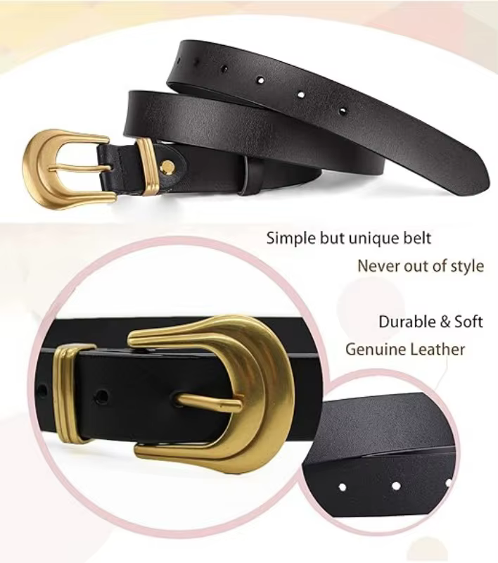 Nouvelle ceinture en cuir véritable pour femmes, ceinture noire occidentale, boucle dorée pour jeans, hommes et femmes