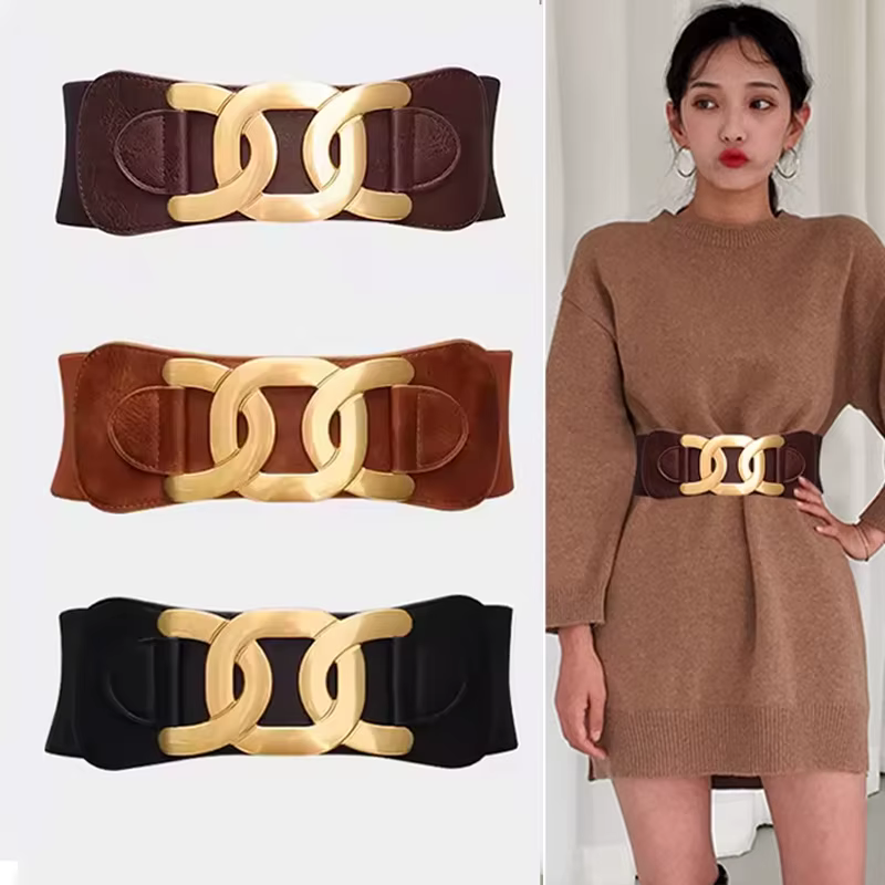 Ceintures élégantes à boucle à crochet CC dorée pour femmes