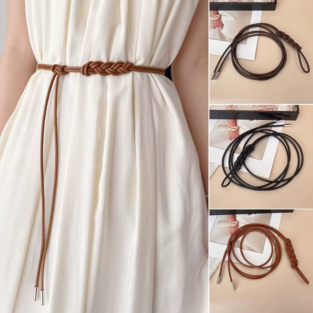 Nouvelle ceinture fine en cuir tressé avec boucle métallique