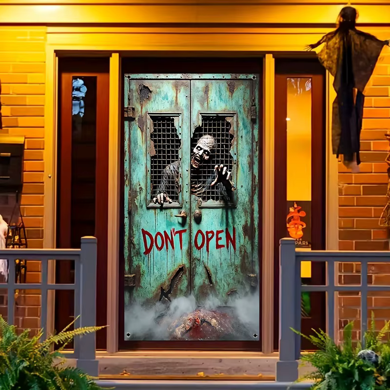 Bannière de porte 2D, 1 pièce, rideau de porte suspendu 2D/plat squelette d'horreur zombie "Ne pas ouvrir la porte", décoration de fête