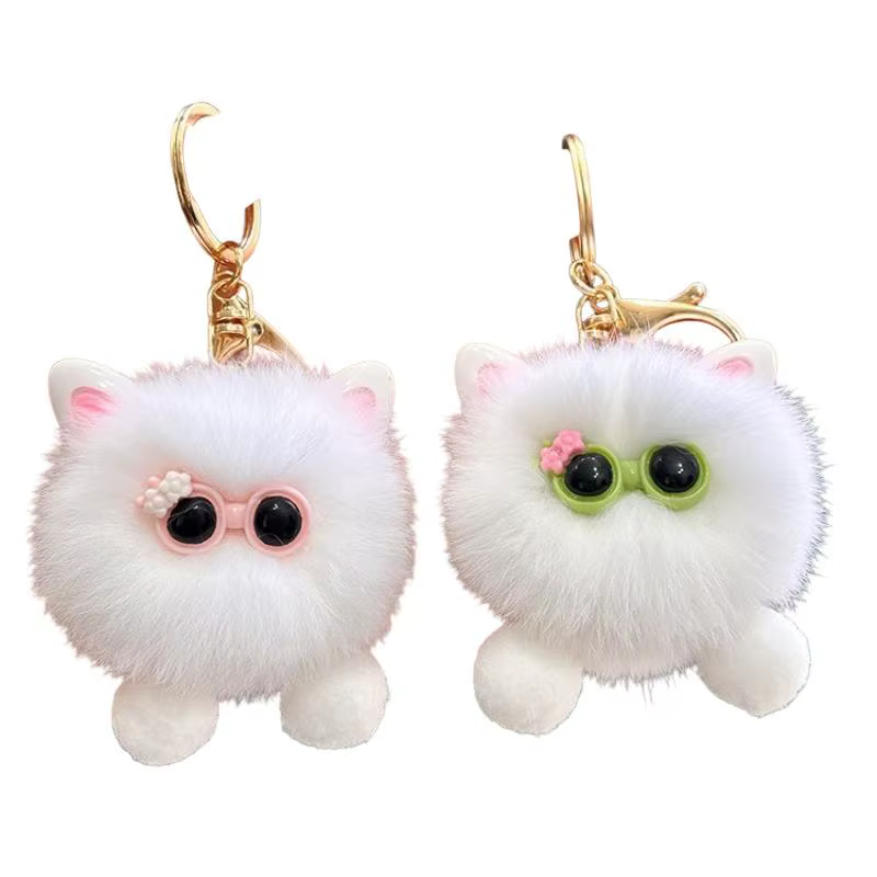 Porte-clés en peluche chaton blanc Kawaii avec lunettes, pour sac et voiture