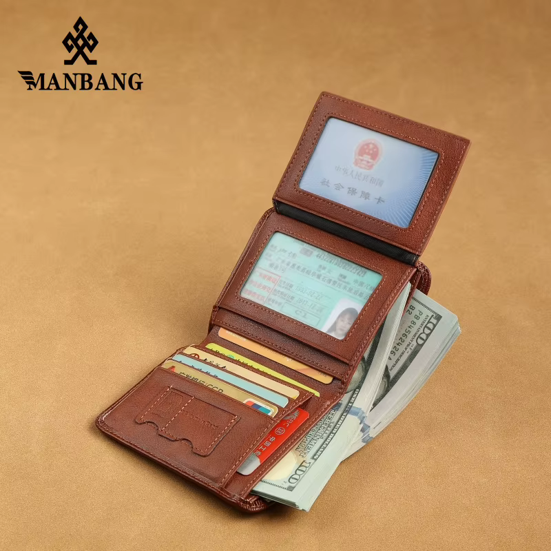 Manbang – portefeuille à trois volets en cuir véritable pour homme