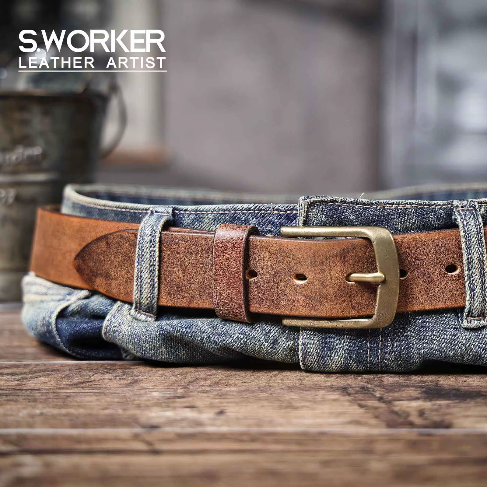 Ceinture Vintage en cuir véritable pour hommes avec boucle en laiton massif