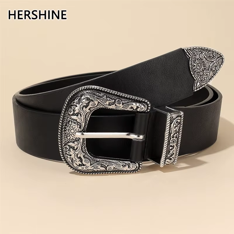 Ceinture en cuir noir à boucle florale argentée vintage pour femme