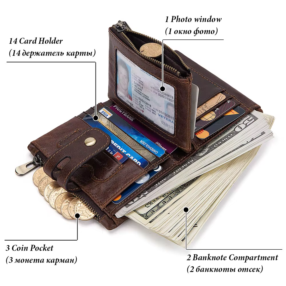 KAVIS portefeuille en cuir de vachette véritable avec poche pour pièces de monnaie pour hommes porte-carte d'argent court Double fermeture éclair mâle à deux volets RFID