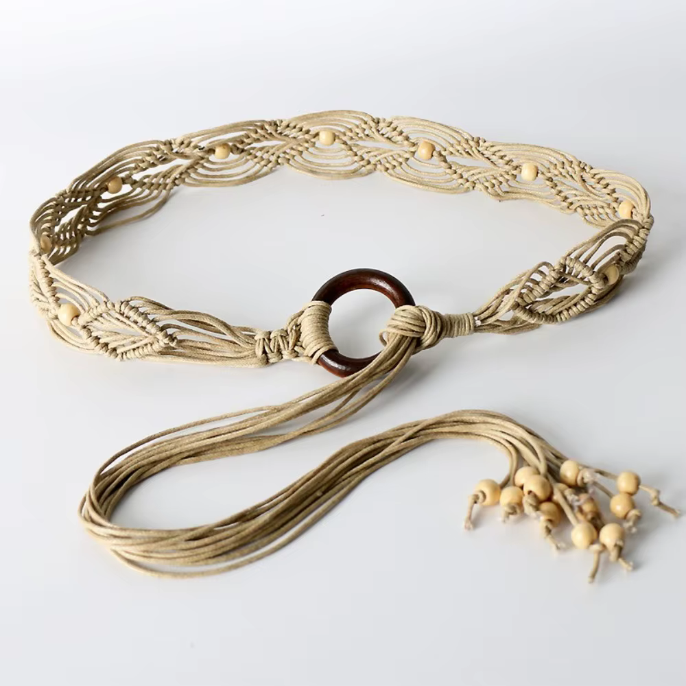 Ceinture tressée rétro pour femme, style bohème, large, ajustable, à nouer, pour robe