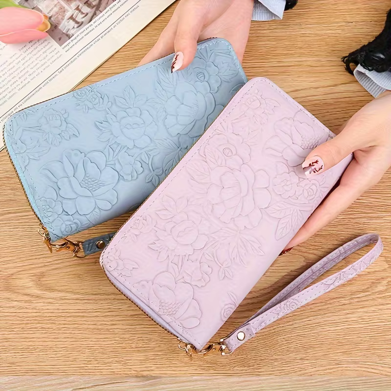 Portefeuille long en relief floral pour femme
