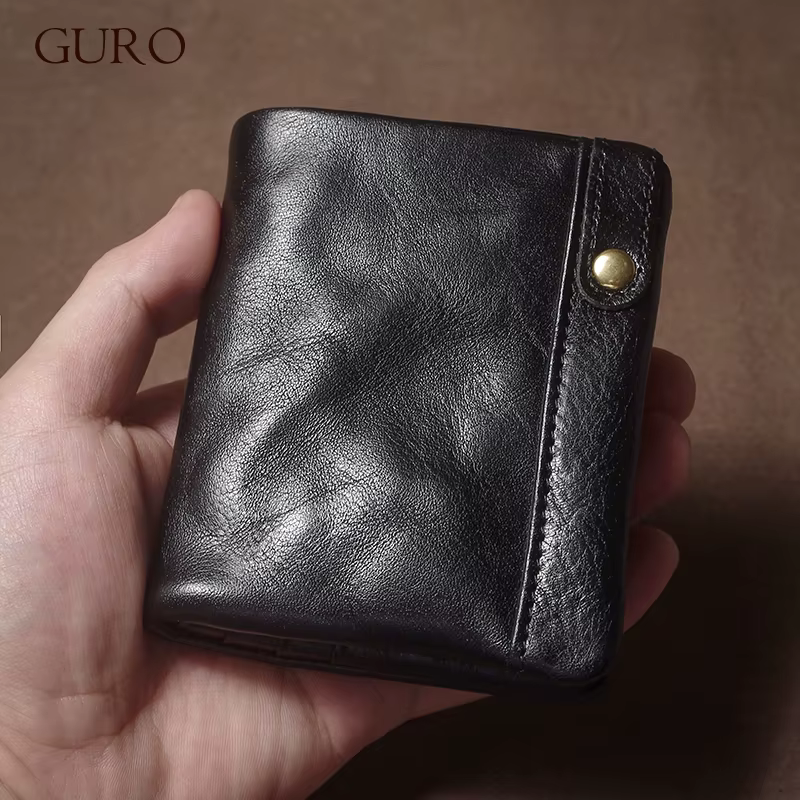 GURO rétro en cuir véritable court portefeuille hommes et femmes à deux volets pince à billets porte-carte de crédit avec fermeture éclair poche pour monnaie petit sac à main