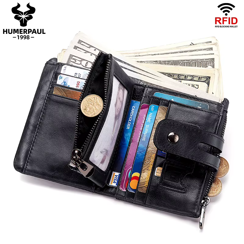 LAREET 100% portefeuille en cuir véritable avec peau de vache pour hommes porte-carte d'argent sac à main RFID court Double fermeture éclair poche à monnaie mâle à deux volets