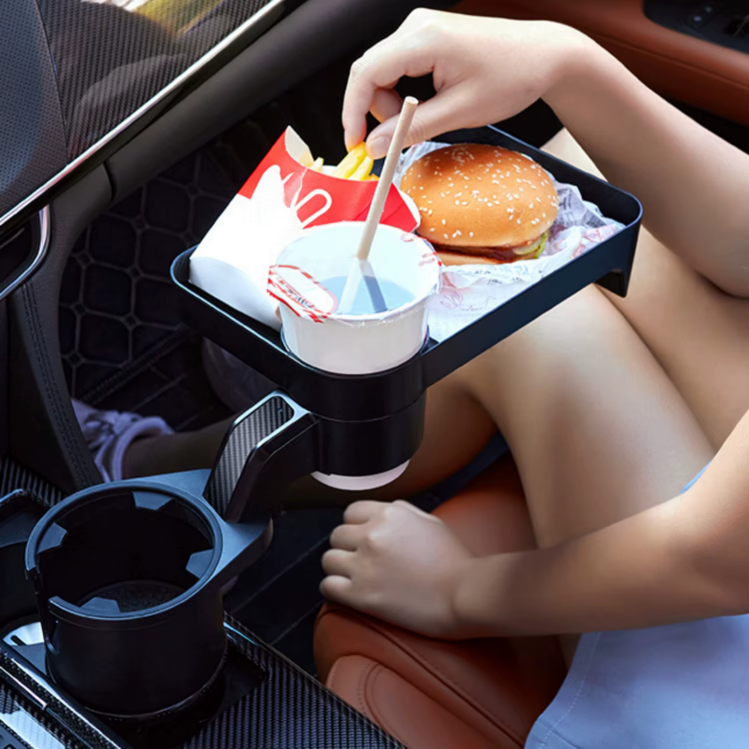 Plateau porte-gobelet de voiture avec plateau extensible rotatif – Pratique pour à emporter, clés, téléphone – Parfait pour les repas rapides en déplacement
