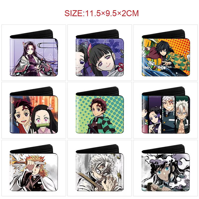 Portefeuille court à deux volets Demon Slayer en cuir PU, porte-cartes imprimé avec personnage d'anime, 11.5x9.5x2cm, pour hommes et femmes, fans d'anime, usage quotidien