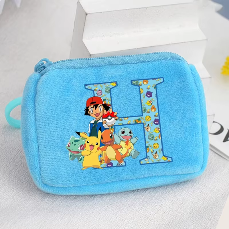 Porte-monnaie pour enfants avec des personnages de dessins animés Pokémon, sac à monnaie Pikachu avec lettres A-Z, mini portefeuille portable pour filles et garçons, pochette à fermeture éclair pour c