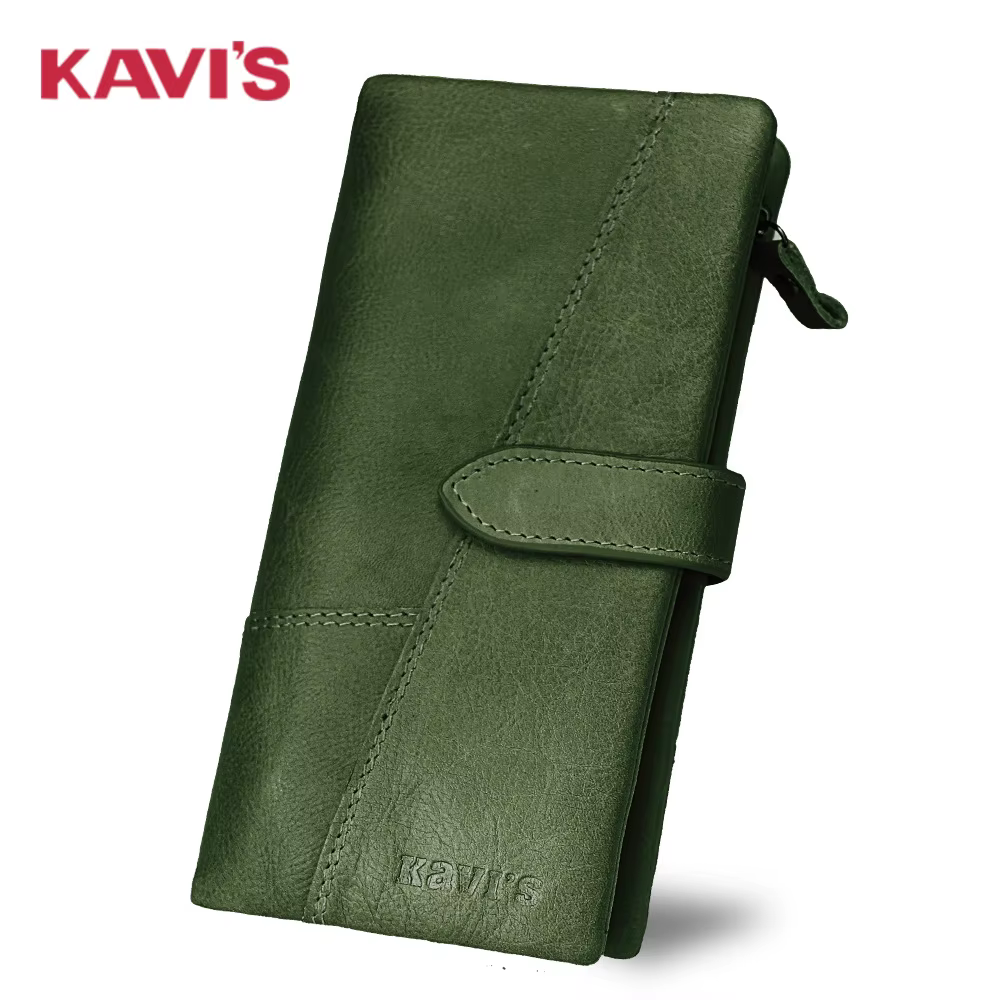 KAVIS-Portefeuille en cuir véritable pour femme, porte-monnaie unisexe, pochette longue pour femme, sacs pour téléphone portable, porte-cartes, mode