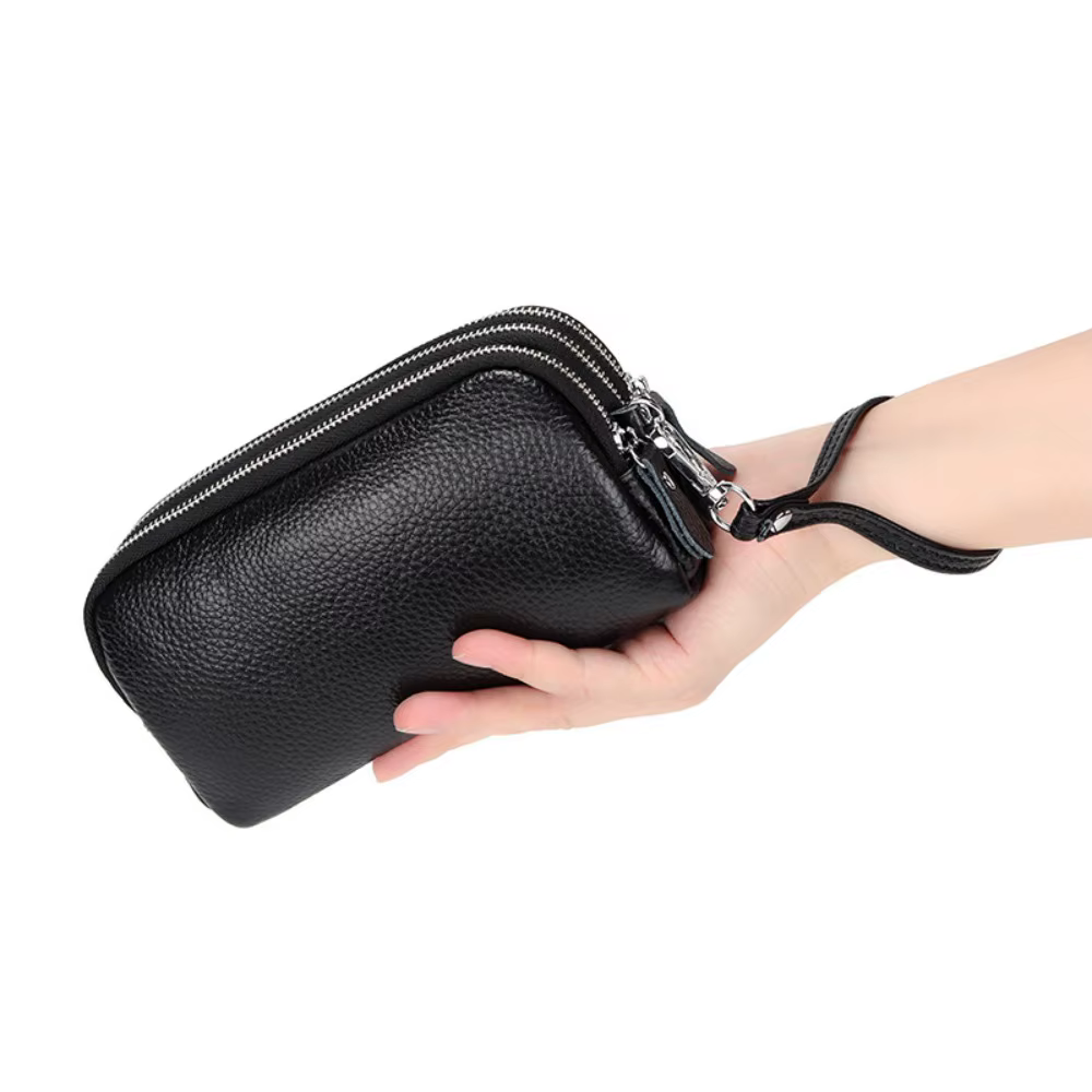 Femmes Long portefeuille en cuir véritable 3 couches fermeture éclair sac à main grande capacité bracelet pochette