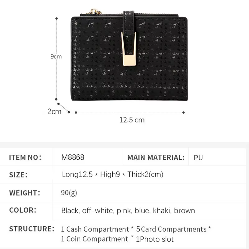 Portefeuille court pour femme en cuir PU, motif foncé, texture raffinée, poche à monnaie zippée, sac à main de créateur pour usage quotidien