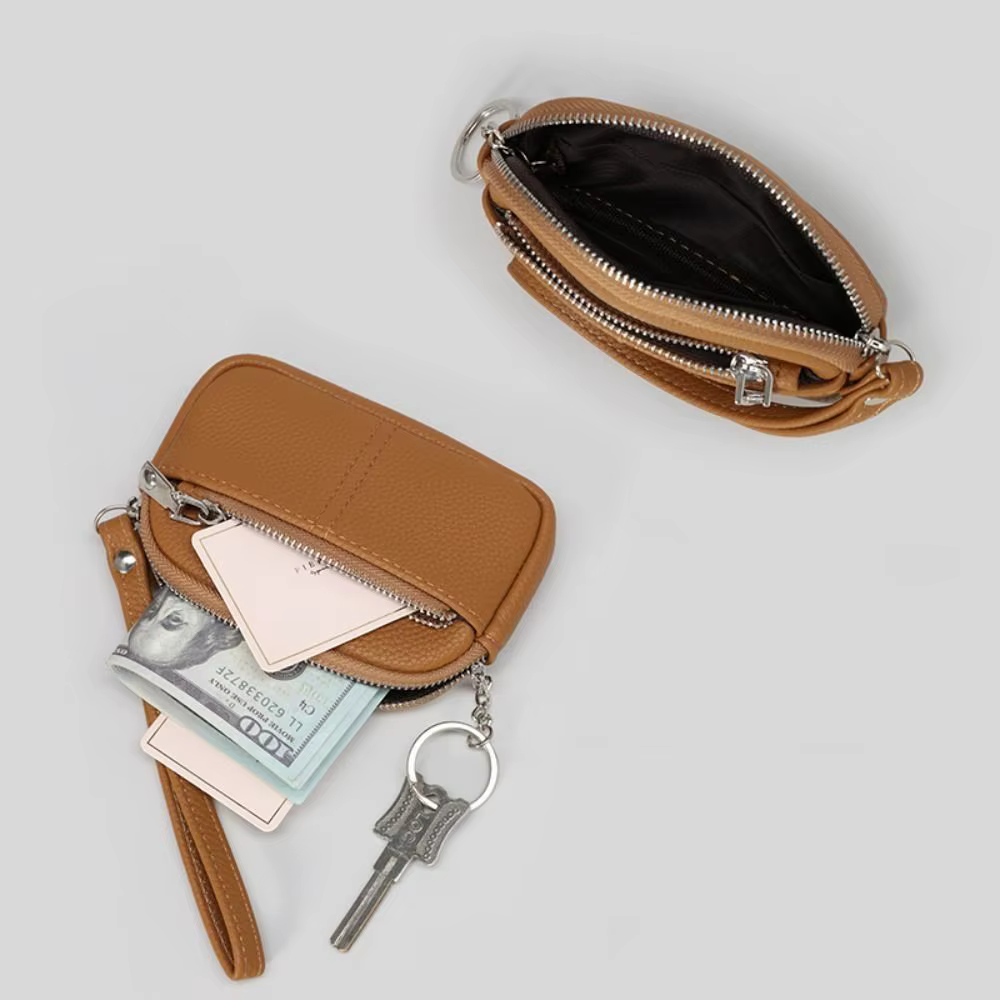 Mini portefeuille Portable en cuir PU pour femmes, sac de rangement de couleur unie, porte-monnaie pour étudiants, fermeture éclair, grande capacité, sac pour clés de poignet, à la mode