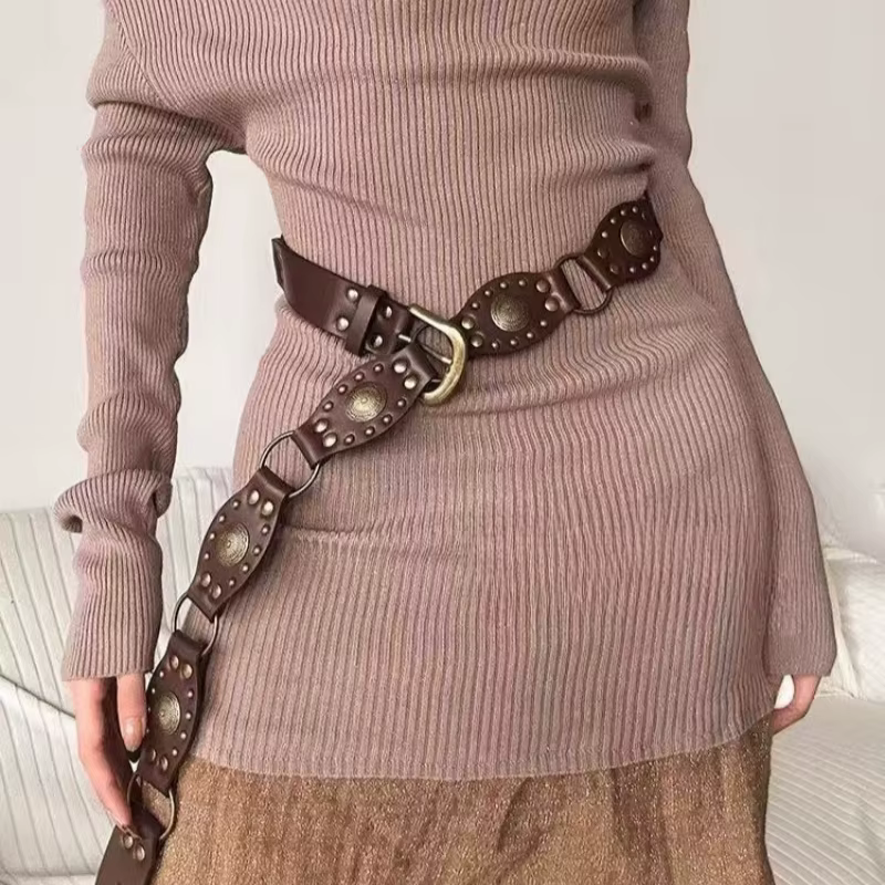Mirad rétro Rivet femmes ceinture polyvalent Style ethnique robe pantalon