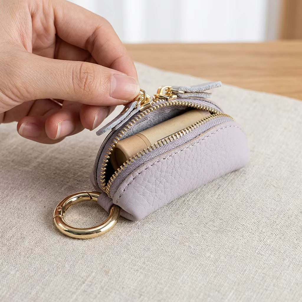 Porte-monnaie compact en cuir avec fermeture éclair sécurisée et porte-clés