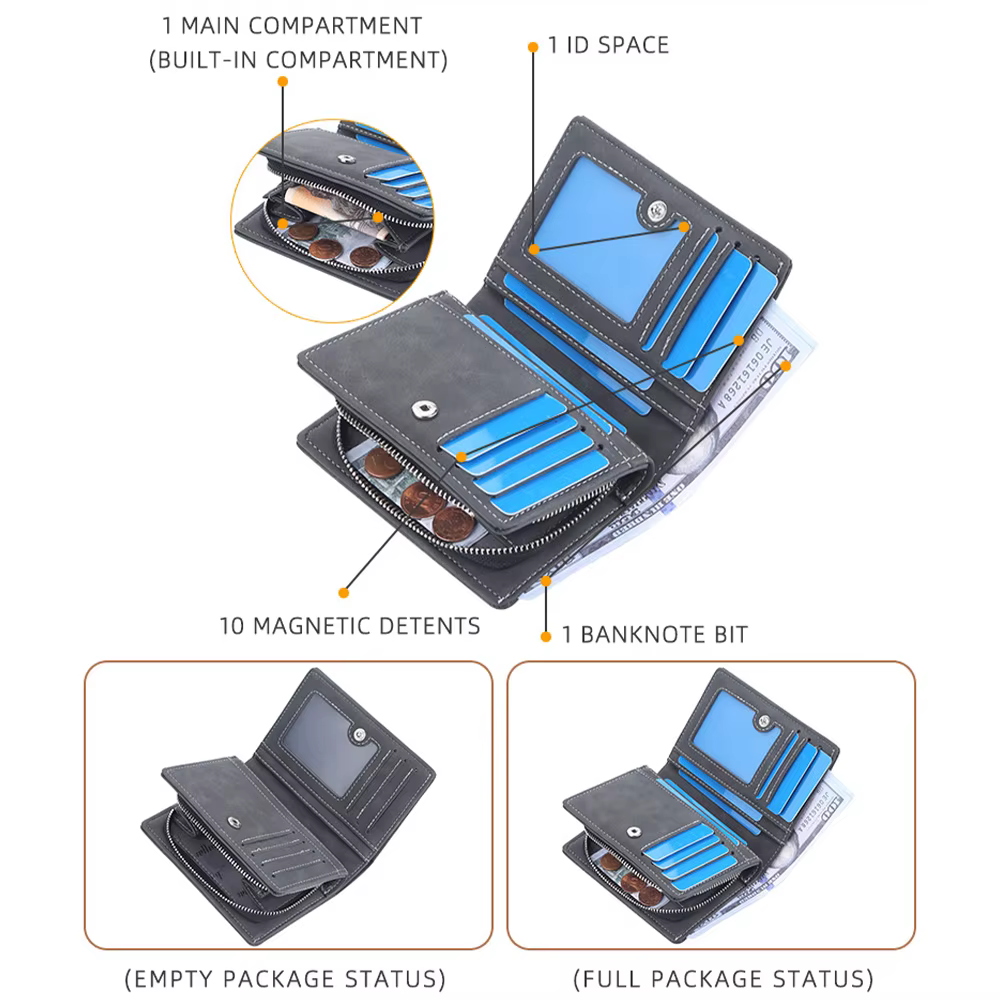 Portefeuille de poche avant pour hommes mince en cuir PU fermeture à glissière Protection RFID 10 emplacements pour cartes minimaliste