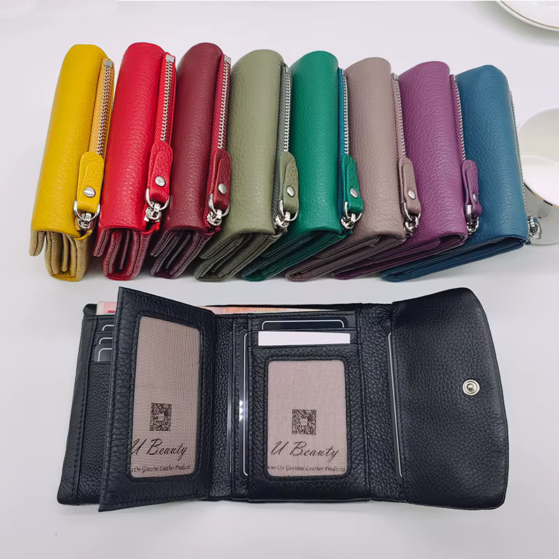Portefeuille court en cuir de vachette véritable souple pour femme