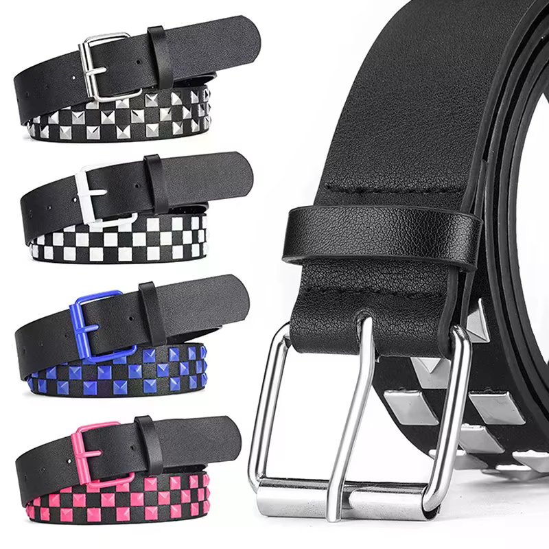 Nouvelle ceinture en cuir PU à rivets personnalisés, motif damier, 107 cm, unisexe, mode hip-hop punk, style Ins