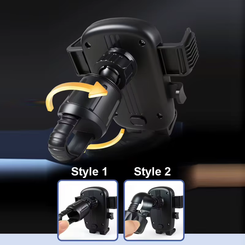 Support de téléphone pour moto, avec système de fixation par pression et orientation réglable, adapté aux vélos électriques et aux vélos.