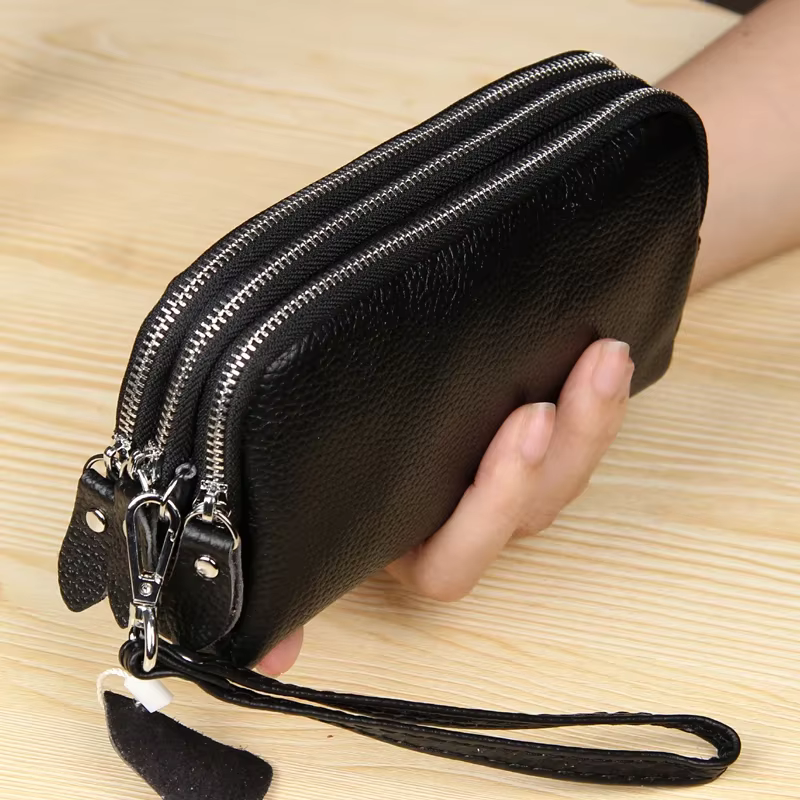 Femmes Long portefeuille en cuir véritable 3 couches fermeture éclair sac à main grande capacité bracelet pochette
