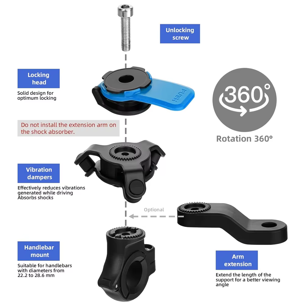 Support de téléphone pour moto, support de navigation pour vélo 360° ° Support de téléphone universel rotatif pour vélo, détachable et réglable.