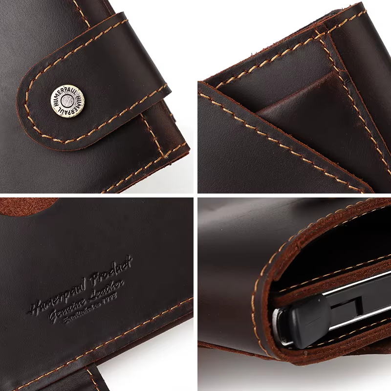HUMERPAUL peau de vache hommes d'affaires en aluminium porte-carte d'identité RFID mince portefeuille en métal fermeture éclair porte-monnaie automatique Pop Up portefeuilles intelligents