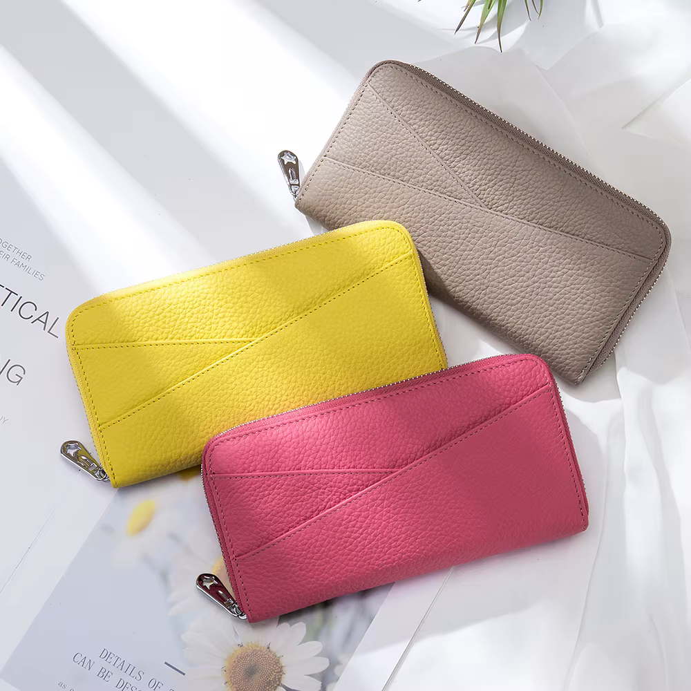 Portefeuille long en cuir véritable pour femme