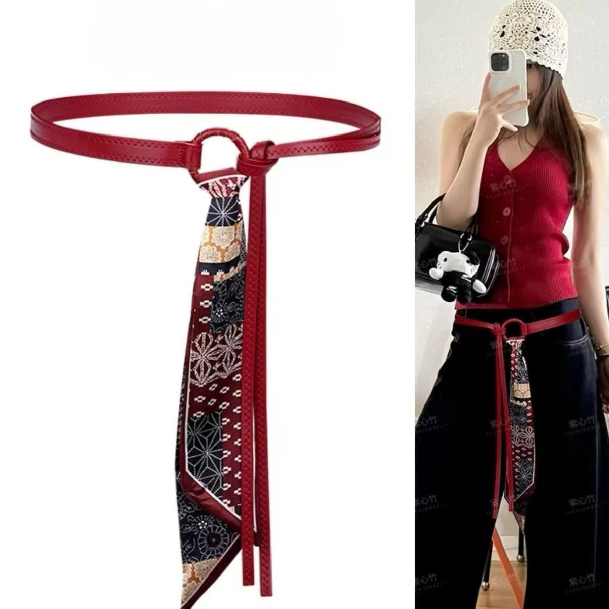Ceinture de taille pour femmes en cuir PU rétro, style punk et bohème Y2K, avec foulard en soie, tendance, décorative pour jeans et robes