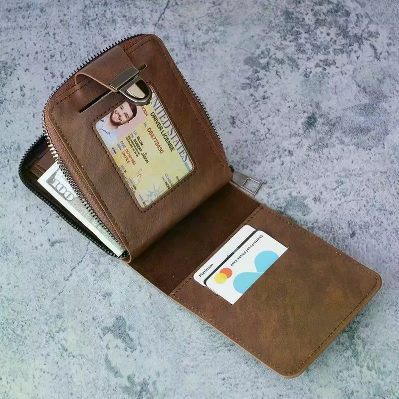 Portefeuille rétro en cuir PU à double pliage, boucle métallique de sécurité anti-perte, emplacements pour plusieurs cartes, pour les déplacements quotidiens et les voyages
