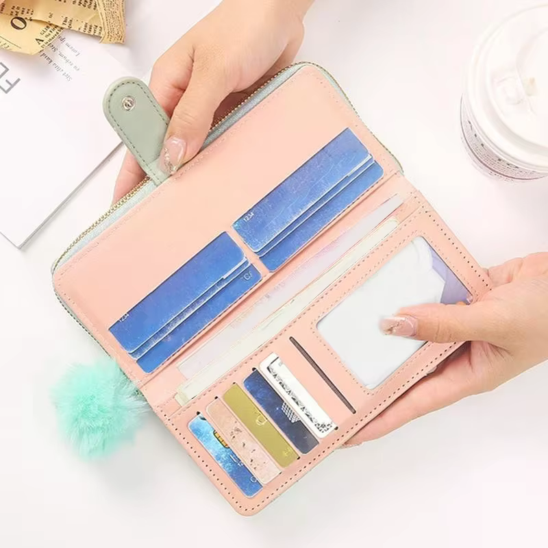 Portefeuille multi-cartes pour téléphone et monnaie avec fermeture éclair en cuir PU