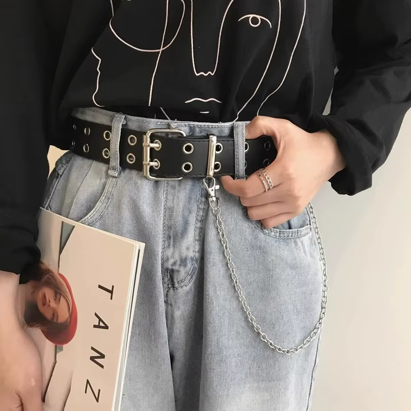 Ceinture gothique à Double anneau avec chaîne, ceinture en jean unisexe, boucle ardillon Punk, ceinture décorative, loisirs en alliage pour femmes, Double trou