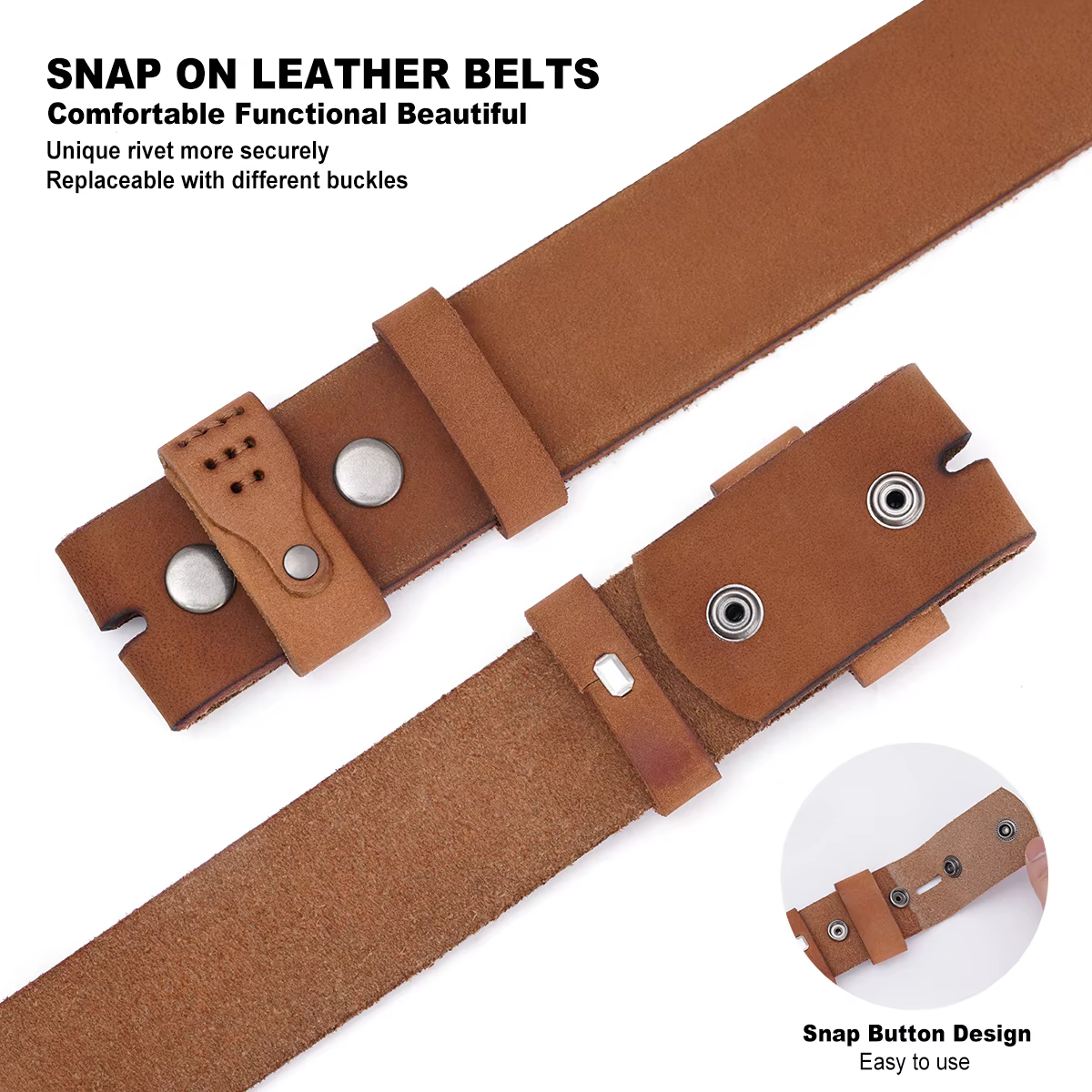 BISON DENIM Ceinture pour hommes en cuir véritable, ceintures vintage en cuir sans boucle, ajustement réglable pour un style décontracté et vintage