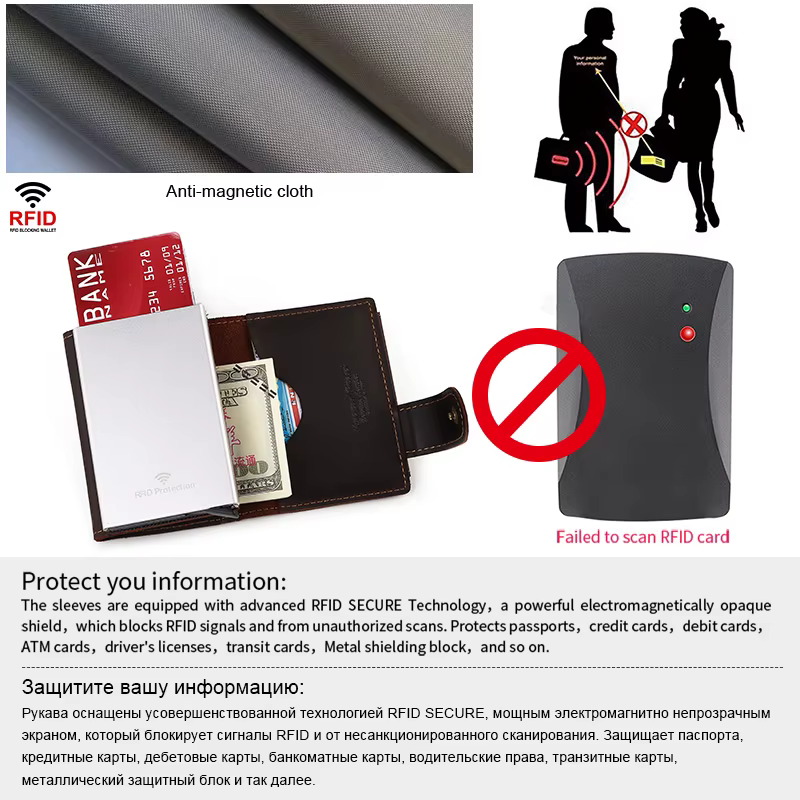 HUMERPAUL peau de vache hommes d'affaires en aluminium porte-carte d'identité RFID mince portefeuille en métal fermeture éclair porte-monnaie automatique Pop Up portefeuilles intelligents
